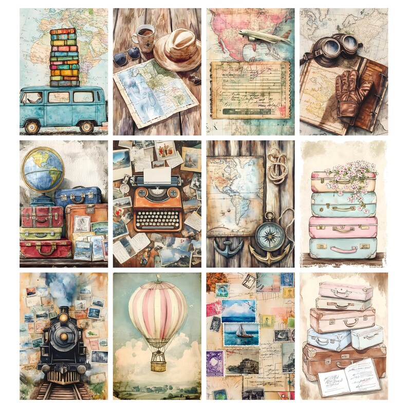 May include: A collage of watercolor illustrations featuring travel-themed elements. Images include a blue van with books, a map with a hat and coffee, a vintage airplane, a globe with suitcases, a typewriter, a compass, stacked suitcases, a train, a hot air balloon, and stamps.