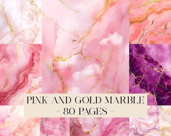 Pink and Gold Marble Digital Paper, Printable Marble Textures with Gold Foil Accents, Marble Backgrounds, Marble Patterns, Marble Paper
