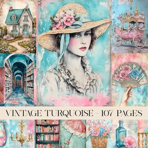 Vintage Turquoise Junk Journal Pages, Floral Vintage Graphics, Victorian Illustration, Shabby Chic, Scrapbooking, Digital Paper, Ephemera