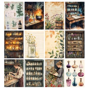 May include: A collection of watercolor illustrations featuring apothecary themes. Images include shelves of jars, a bubbling cauldron, botanical studies, and a woman reading. The color palette is soft, with muted tones of brown, green, and beige.
