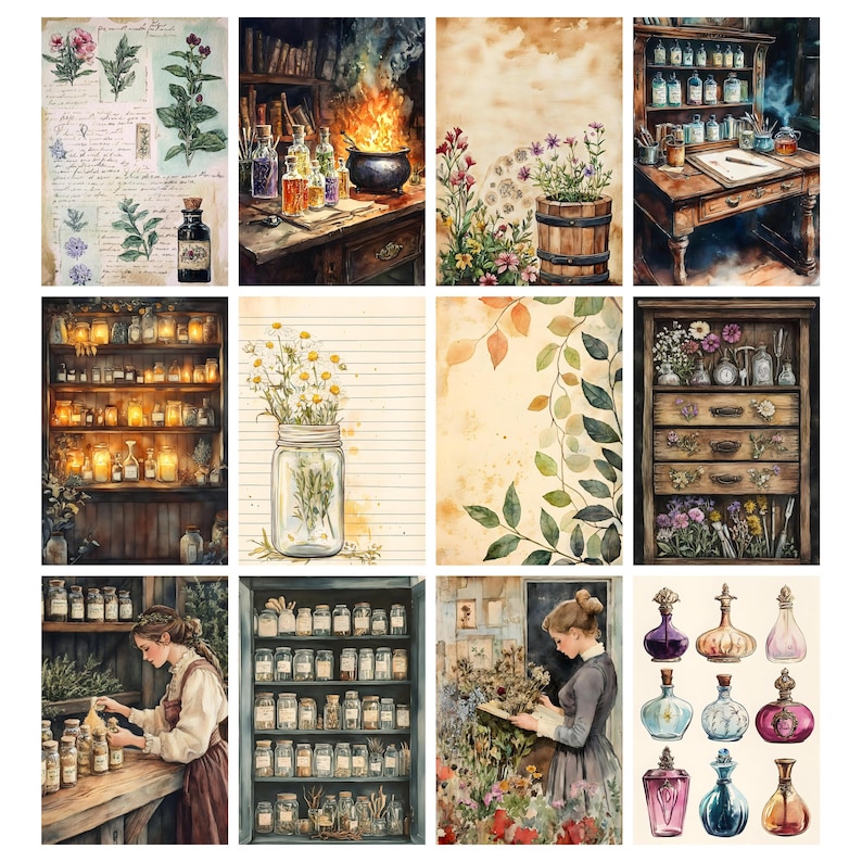 May include: A collection of watercolor illustrations featuring apothecary themes. Images include shelves of jars, a bubbling cauldron, botanical studies, and a woman reading. The color palette is soft, with muted tones of brown, green, and beige.
