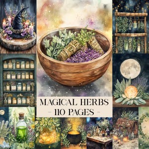 Könnte beinhalten: Aquarellillustration einer Holzschale gefüllt mit Kräutern und Lavendel. Kräuterbündel sind mit Bindfaden gebunden. Der Text "MAGICAL HERBS - 110 PAGES" ist zu sehen. Das Bild hat ein mystisches Thema.