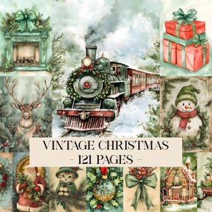 May include: A collection of watercolour Christmas illustrations featuring a train, presents, a snowman, and a fireplace. The text "VINTAGE CHRISTMAS - 121 PAGES" is displayed. The colour scheme includes greens, reds, and browns.
