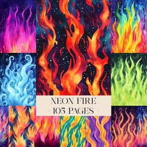 Pode incluir: Uma colagem de ilustrações em aquarela com chamas estilizadas em várias cores neon, incluindo rosa, azul, verde, laranja e amarelo. O texto "NEON FIRE - 105 PAGES -" é exibido em uma faixa bege.