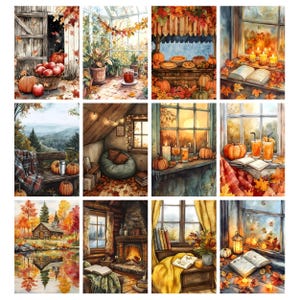 May include: A collection of watercolor paintings depicting autumnal scenes. Each painting features warm colors, pumpkins, and cozy settings like a greenhouse, a cabin, and a window with candles. The artwork evokes a sense of fall and harvest.