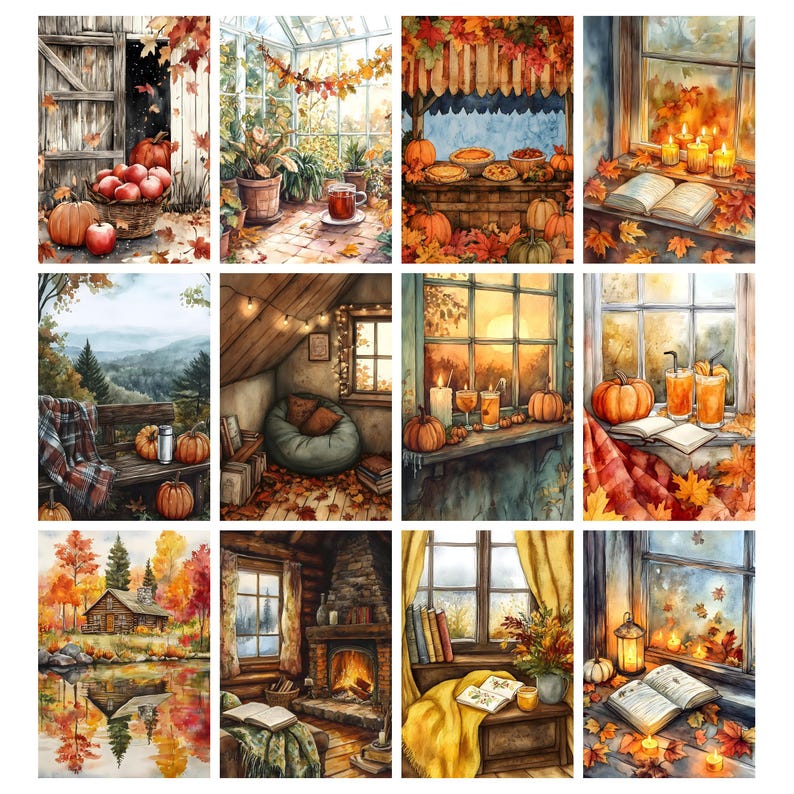 May include: A collection of watercolor paintings depicting autumnal scenes. Each painting features warm colors, pumpkins, and cozy settings like a greenhouse, a cabin, and a window with candles. The artwork evokes a sense of fall and harvest.