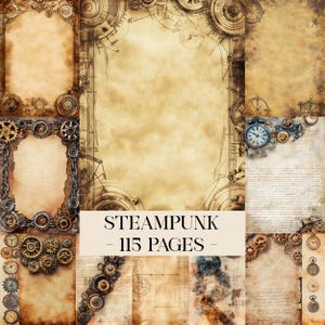 Puede incluir: Una colección de papeles digitales con temática steampunk con una estética vintage. Los papeles presentan engranajes, esferas de reloj y texturas de pergamino envejecido en tonos marrones y beige. El texto "STEAMPUNK - 115 PAGES" se muestra.