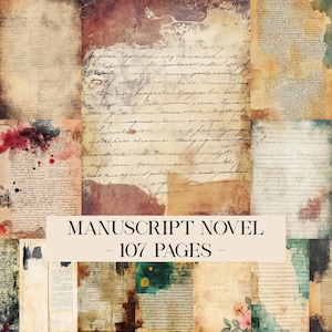 以下が含まれることがあります： 手書きの文字と古びた風合いが特徴の、ヴィンテージスタイルの紙のページのコラージュ。セピア、茶色、クリーム色などの色合い。画像には「MANUSCRIPT NOVEL - 107 PAGES」と書かれています。