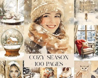 May include: Watercolor illustrations with a winter theme. Includes a smiling woman in a knit hat and scarf, a snow globe with a house, a snowman, ice skates, and an owl. Text reads "Cozy Season - 100 Pages."