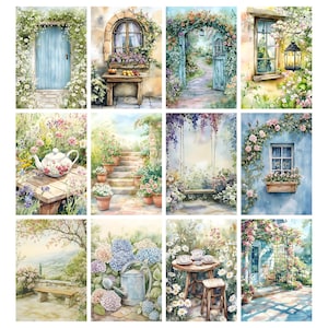 May include: A collection of twelve watercolor paintings depicting idyllic garden scenes. Each painting features elements like blooming flowers, stone pathways, arched doorways, and quaint architectural details, all bathed in soft, natural light.