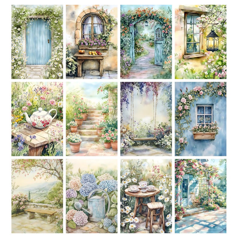 May include: A collection of twelve watercolor paintings depicting idyllic garden scenes. Each painting features elements like blooming flowers, stone pathways, arched doorways, and quaint architectural details, all bathed in soft, natural light.