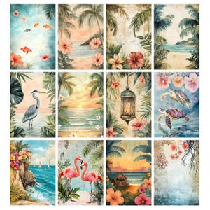 May include: A collection of twelve rectangular art prints featuring tropical themes including palm trees, hibiscus flowers, sea turtles, flamingos, a heron, sailboats, a lantern, and coastal sunset landscapes with vibrant blue, orange, and green tones.