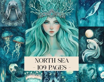 Noordzeepagina's, zeemeermindagboek, nautische ephemera, onderwaterfantasie, zeedierenkunst, oceaanplakboek Sea and Ocean Junk-dagboekpagina's
