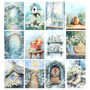 May include: Watercolor art prints featuring a variety of garden scenes. Images include a stone cottage, a path lined with daisies, a birdhouse, a basket of apples, and a pair of boots filled with flowers.