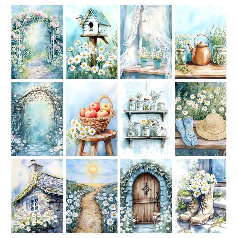 May include: Watercolor art prints featuring a variety of garden scenes. Images include a stone cottage, a path lined with daisies, a birdhouse, a basket of apples, and a pair of boots filled with flowers.