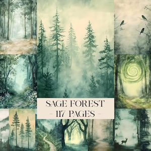 Salbei Wald Junk Journal Seiten, Natur Journal, Digitales Scrapbook Papier, Wald Handwerk Hintergründe, Scrapbook Wald Hintergrundpapier