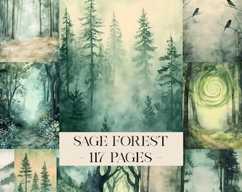 Sage Forest Junk Journal Pages, Nature Journal, Digital Scrapbook Paper, Woodland Craft Backgrounds, Scrapbook Forest Background Paper