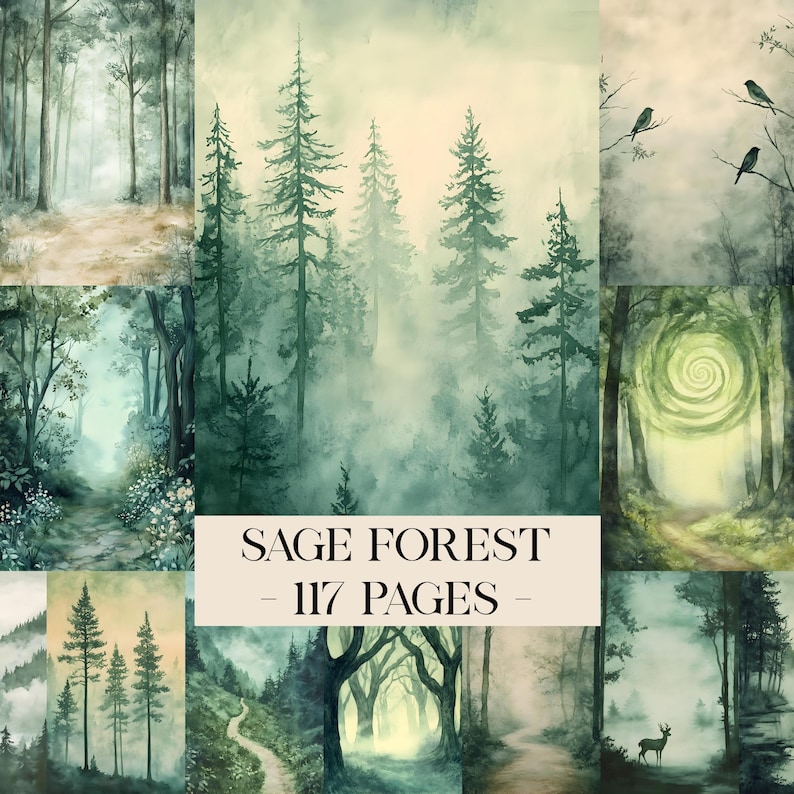 May include: A collection of watercolor forest scenes in shades of green and gray. The images depict misty landscapes with trees, paths, and birds. The text "SAGE FOREST - 117 PAGES" is displayed across the center of the image.