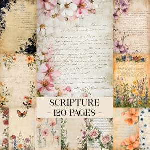 May include: A collection of vintage paper pages with floral and script designs. The pages feature watercolour flowers in pink, peach, and purple hues. The text "SCRIPTURE - 120 PAGES" is displayed on a beige banner.
