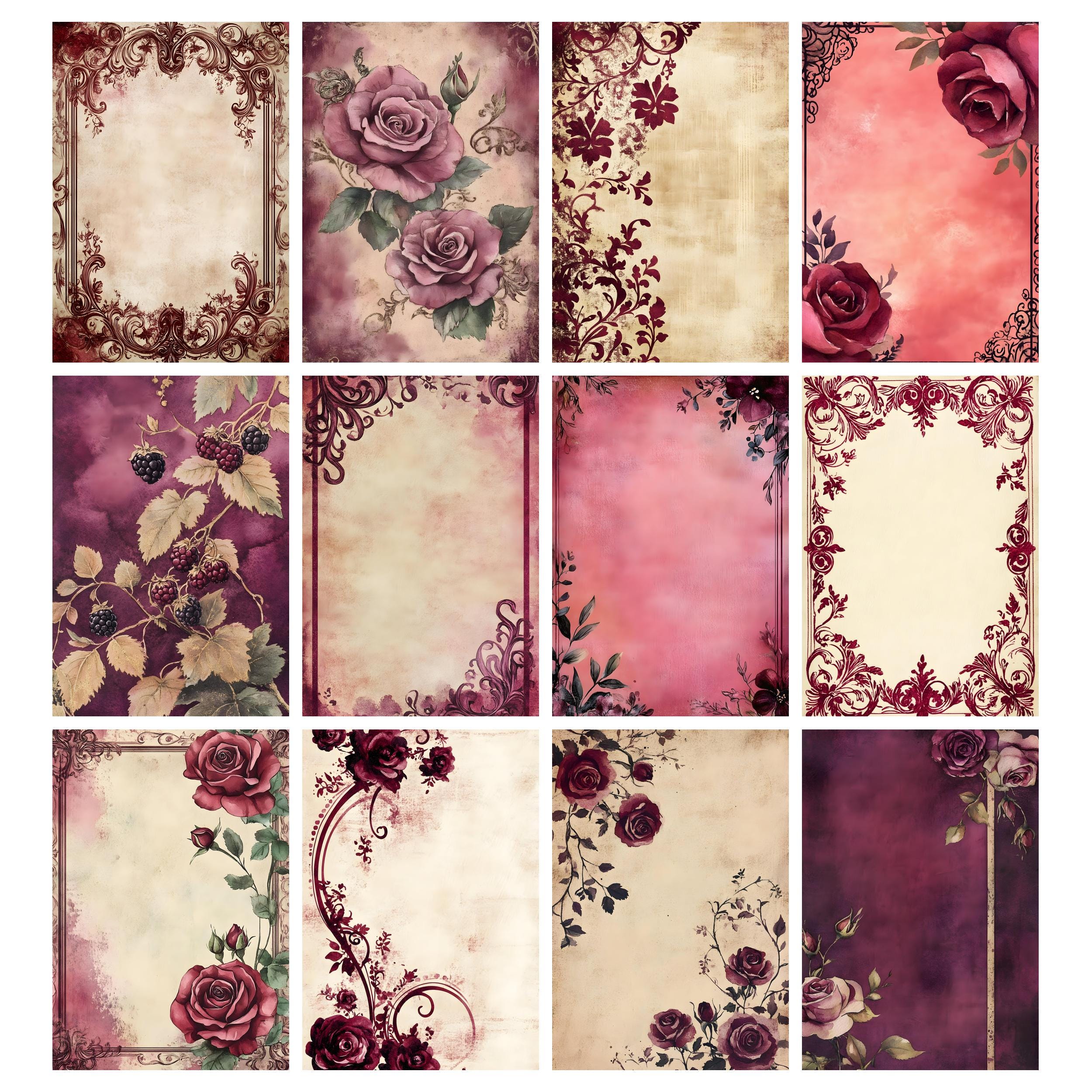 Burgundy Red & Pink Printable Paper Pack Pretty Grungy Collage Distress