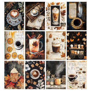 May include: A collage of watercolor illustrations featuring coffee and autumn themes. Images include lattes, cappuccinos, and spiced drinks with cinnamon sticks and star anise. Some images show coffee cups with heart-shaped latte art and fall leaves.