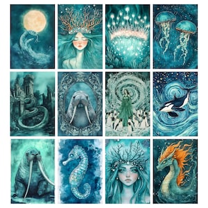 May include: A collection of twelve watercolor art prints featuring fantasy creatures and underwater scenes. The artwork includes a serpent, mermaids, jellyfish, a walrus, a seahorse, an orca, and a dragon, all in shades of teal and blue.