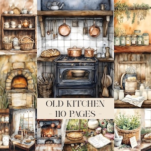 May include: A watercolour illustration of a vintage kitchen scene, featuring a black stove, copper pans, and shelves with kitchen utensils. The image includes the text "OLD KITCHEN - 110 PAGES".