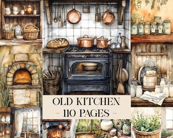 May include: Watercolor illustration of an old kitchen with a vintage stove, copper pots, and shelves filled with kitchenware. The image includes the text "OLD KITCHEN - 110 PAGES".