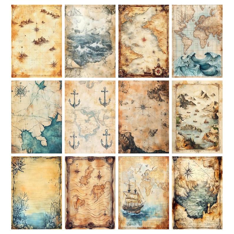 May include: A collection of twelve vintage-style nautical maps. Each map features a unique design with compass roses, anchors, and illustrations of ships and coastlines. The color palette includes shades of brown, beige, and blue, giving them an aged appearance.