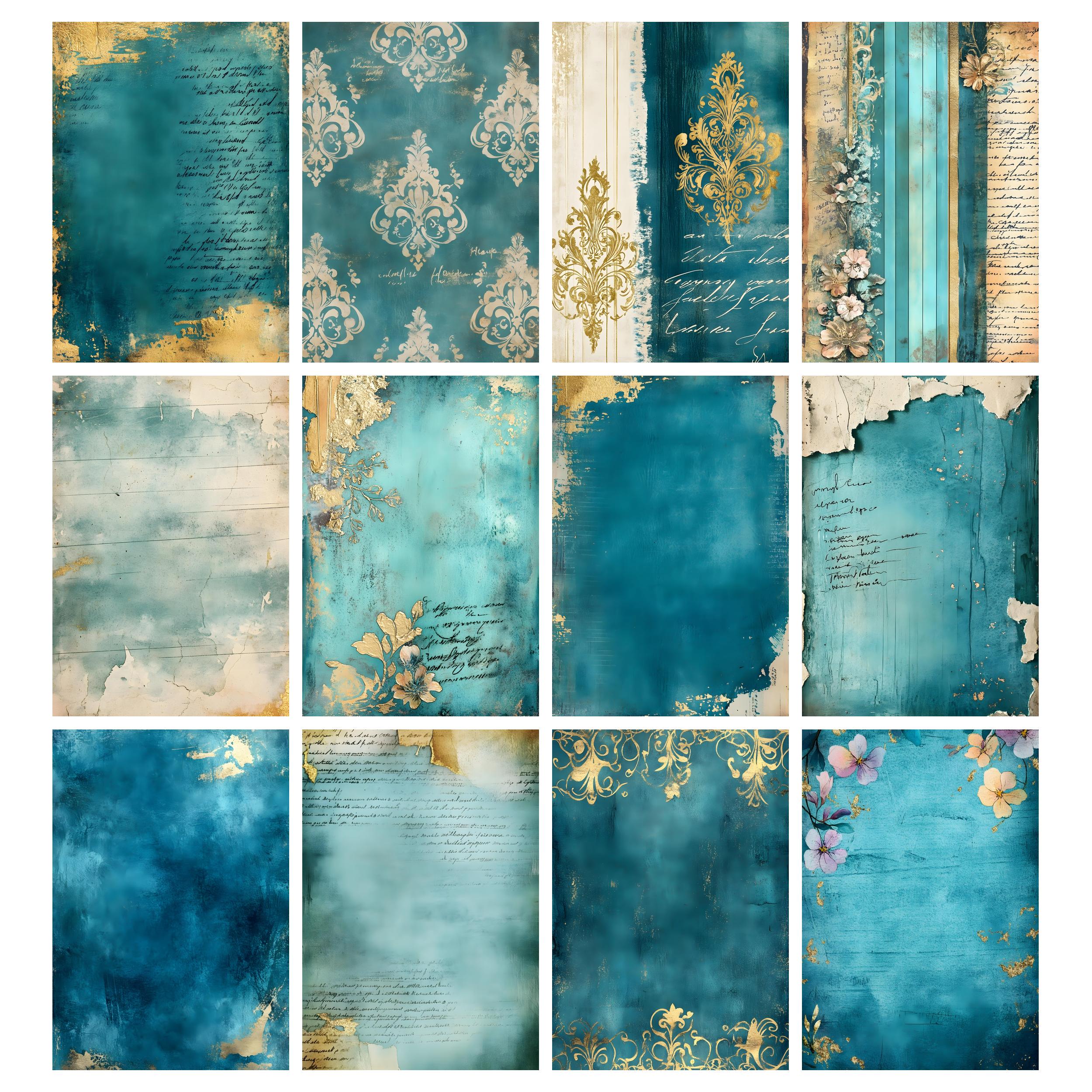 Teal and Gold Mixed Media Junk Journal Kit, Teal Junk Journal Pages ...