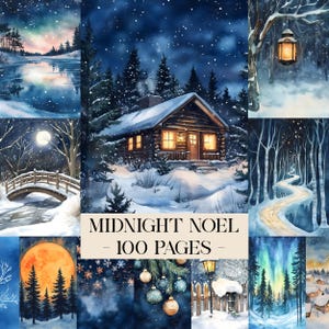 May include: A collection of watercolor illustrations with a winter theme. Scenes include a snow-covered cabin, a bridge under a full moon, a lantern in a snowy forest, and a winding path. The text "MIDNIGHT NOEL - 100 PAGES" is displayed.