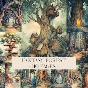Puede incluir: Ilustración en acuarela de una escena de bosque de fantasía. La imagen presenta casas en los árboles, escaleras sinuosas y una variedad de paisajes forestales. El texto "FANTASY FOREST - 110 PAGES -" se muestra en la parte inferior de la imagen.