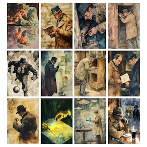 May include: A collection of twelve watercolor paintings depicting a detective in various scenes. The images show the detective in a trench coat and hat, examining clues, reading, and using a magnifying glass. The color palette includes browns, blues, and yellows.