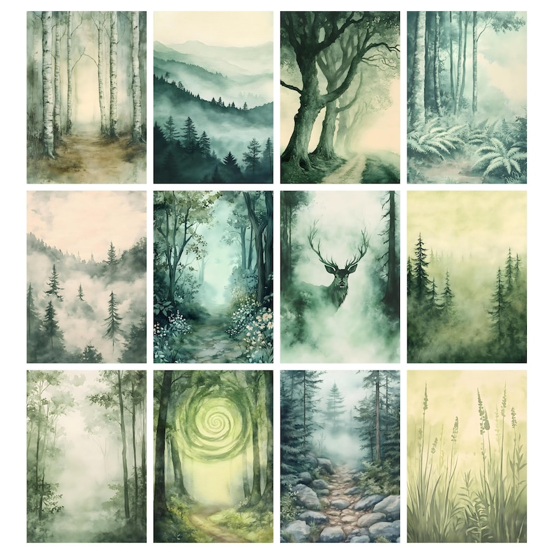 May include: A collection of watercolor forest art prints. Each print depicts a different misty forest scene, featuring trees, pathways, and a soft, muted color palette of greens, blues, and browns. The artwork evokes a sense of tranquility and natural beauty.