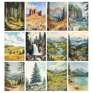 K&ouml;nnte beinhalten: Eine Sammlung von zw&ouml;lf Aquarelllandschaftsbildern. Die Szenen zeigen W&auml;lder, Berge, Wasserf&auml;lle und Gew&auml;sser. Die Farbpalette umfasst Gr&uuml;n-, Blau-, Braun- und Gelbt&ouml;ne und erzeugt eine ruhige und nat&uuml;rliche &Auml;sthetik.