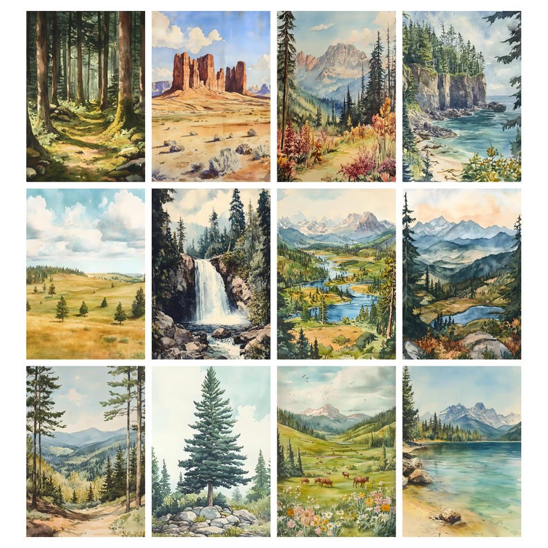 K&ouml;nnte beinhalten: Eine Sammlung von zw&ouml;lf Aquarelllandschaftsbildern. Die Szenen zeigen W&auml;lder, Berge, Wasserf&auml;lle und Gew&auml;sser. Die Farbpalette umfasst Gr&uuml;n-, Blau-, Braun- und Gelbt&ouml;ne und erzeugt eine ruhige und nat&uuml;rliche &Auml;sthetik.