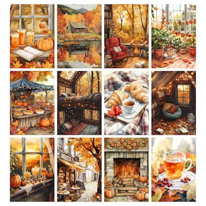 May include: A collage of watercolor paintings depicting autumn scenes. Images include pumpkins, pies, a cozy cabin, a fireplace, a cafe, and a bed. The color palette is dominated by warm oranges, reds, and yellows.