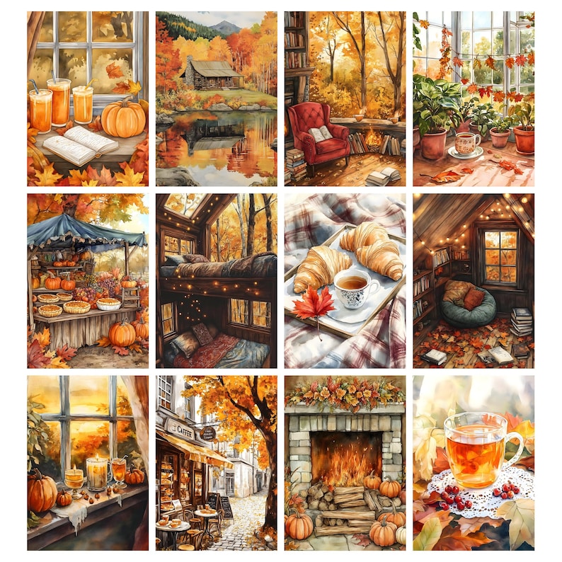 May include: A collage of watercolor paintings depicting autumn scenes. Images include pumpkins, pies, a cozy cabin, a fireplace, a cafe, and a bed. The color palette is dominated by warm oranges, reds, and yellows.