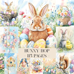May include: A collage of watercolor illustrations with an Easter theme. The images include a brown bunny, decorated Easter eggs, flowers, a basket of flowers, and the text "BUNNY HOP - 115 PAGES".