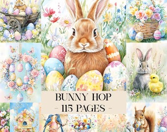 Puede incluir: Un collage de ilustraciones en acuarela con temática de Pascua. Las imágenes incluyen un conejo marrón, huevos de Pascua decorados, flores, una cesta de flores y el texto "BUNNY HOP - 115 PAGES".