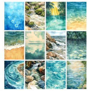 Op de afbeelding: Een verzameling aquarel schilderijen die verschillende water sc&egrave;nes uitbeelden. De afbeeldingen tonen bellen, watervallen, oceaangolven en serene meerreflecties. Het kleurenpalet wordt gedomineerd door blauw, groen en zandtinten, wat een gevoel van rust oproept.