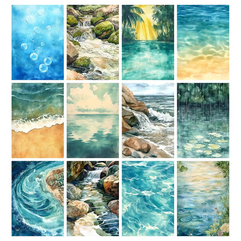 Op de afbeelding: Een verzameling aquarel schilderijen die verschillende water sc&egrave;nes uitbeelden. De afbeeldingen tonen bellen, watervallen, oceaangolven en serene meerreflecties. Het kleurenpalet wordt gedomineerd door blauw, groen en zandtinten, wat een gevoel van rust oproept.