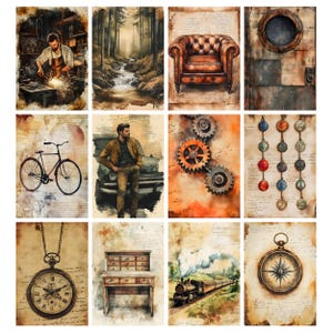 K&ouml;nnte beinhalten: Eine Sammlung von zw&ouml;lf Drucken im Vintage-Stil mit verschiedenen Themen. Die Drucke zeigen einen Schmied bei der Arbeit, eine Waldszene mit einem Bach, einen Ledersessel, ein Bullauge, ein Fahrrad, einen Mann an einem Auto, Zahnr&auml;der, dekorative Anh&auml;nger, eine Taschenuhr, einen Schreibtisch, einen Zug und einen Kompass.