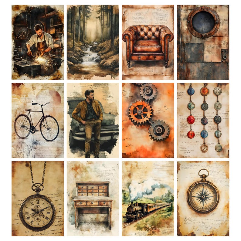 K&ouml;nnte beinhalten: Eine Sammlung von zw&ouml;lf Drucken im Vintage-Stil mit verschiedenen Themen. Die Drucke zeigen einen Schmied bei der Arbeit, eine Waldszene mit einem Bach, einen Ledersessel, ein Bullauge, ein Fahrrad, einen Mann an einem Auto, Zahnr&auml;der, dekorative Anh&auml;nger, eine Taschenuhr, einen Schreibtisch, einen Zug und einen Kompass.