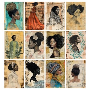 May include: A collection of twelve watercolor portraits of Black women. Each portrait features a different woman with unique hairstyles, clothing, and accessories. The color palette includes shades of blue, orange, yellow, and brown, with floral and script backgrounds.
