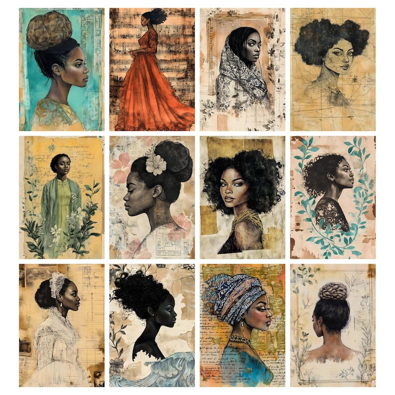 May include: A collection of twelve watercolor portraits of Black women. Each portrait features a different woman with unique hairstyles, clothing, and accessories. The color palette includes shades of blue, orange, yellow, and brown, with floral and script backgrounds.