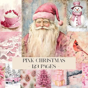 Pink Christmas Junk Journal Kit, pastel vakantie ephemera, winter scrapbook kit, gezellige kerst afdrukbare pagina's, kerst ephemera, digitaal