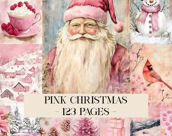 Könnte beinhalten: Eine Collage von rosa Weihnachtsbildern. Der Weihnachtsmann in einem rosa Hut und Mantel ist das zentrale Bild. Weitere Bilder sind ein Schneemann, ein Kardinal, eine Teetasse mit Himbeeren, ein rosa Lastwagen und ein Weihnachtsbaum. Der Text lautet "PINK CHRISTMAS - 123 PAGES".