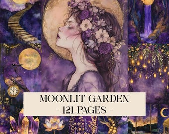 Kit para impressão de diário de lixo de jardim iluminado pela lua, itens digitais de bruxa, scrapbook lunar, papel de fundo gótico, páginas de fantasia de flores celestiais