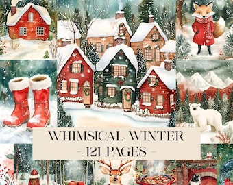 Op de afbeelding: Een collage van aquarel illustraties met een winterthema. De afbeeldingen bevatten besneeuwde huizen, een vos in een rode jas, een ijsbeer, rode laarzen en een hert met een sjaal. Tekst luidt "Whimsical Winter - 121 Pages."